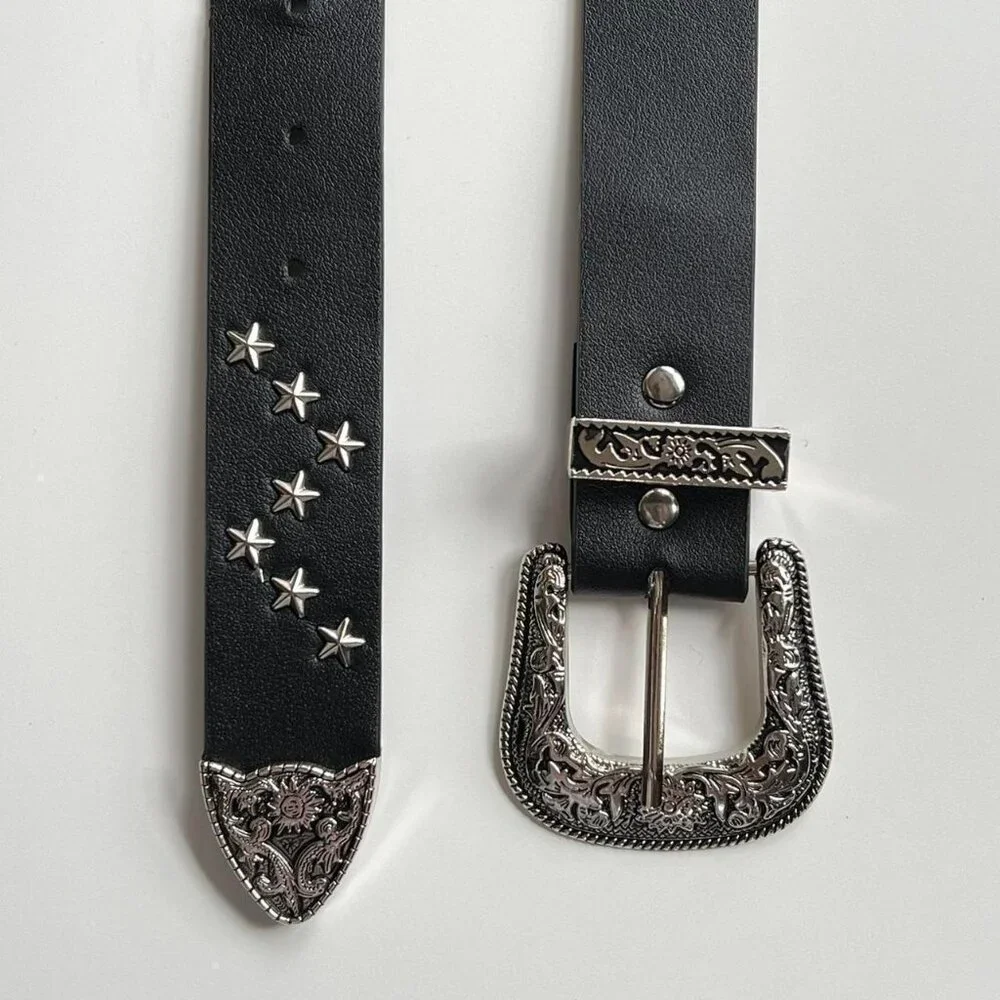 Black Star-Stud Western Leather Belt